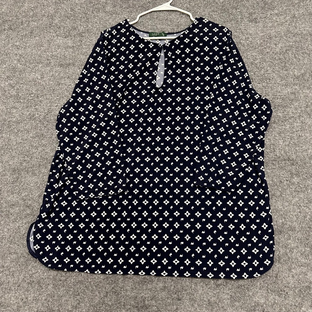 Lauren Ralph Lauren Blouse Womens Size 3X Navy Geometric Keyhole Top Stretch